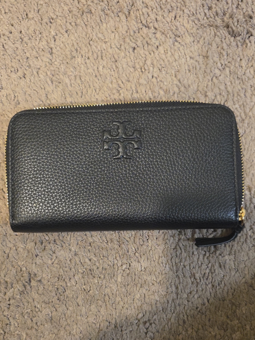 Tory Burch Black Pebbled Leather Zip-Around Wallet with Gold Hardware